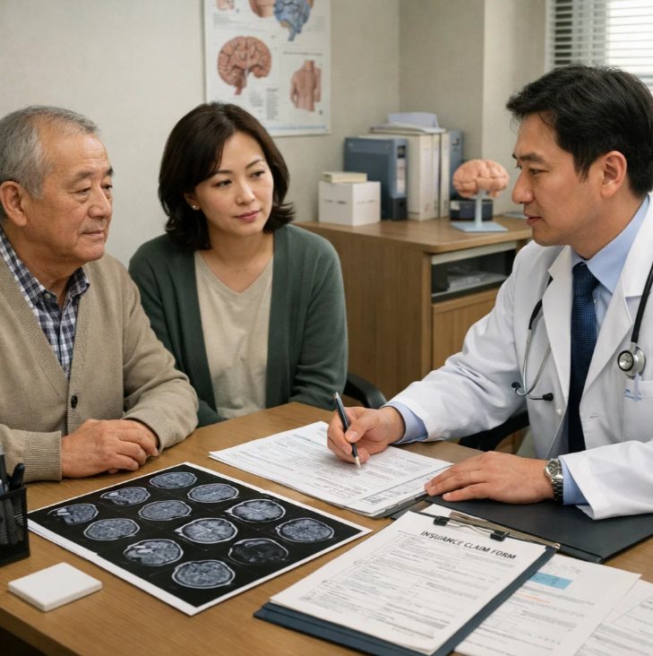 치매 검사 상담 중인 노인 환자와 보호자, 의료진이 MRI 결과와 검사 계획을 설명하는 장면