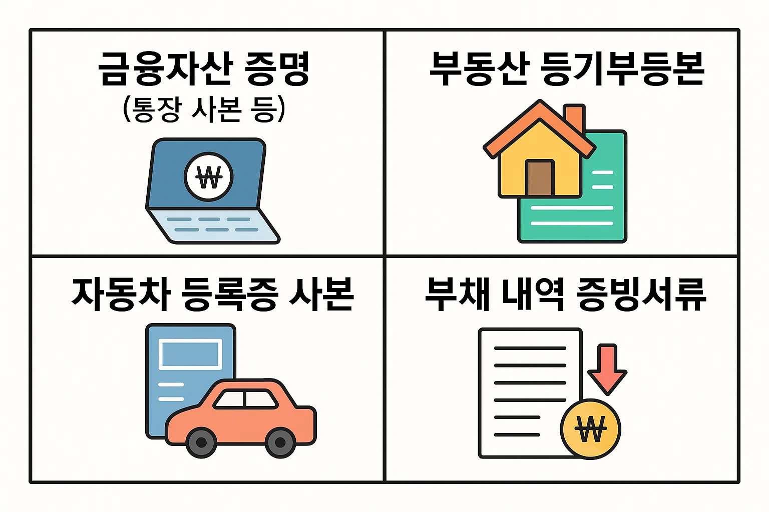 버팀목 전세자금대출 심사 시 요구되는 자산 및 금융 관련 서류를 설명하는 인포그래픽으로, 금융자산 증명서(통장 사본 등), 부동산 등기부등본, 자동차 등록증 사본, 부채 내역 증빙서류 등 소득 외 자산 관련 제출서류를 종합적으로 안내합니다.