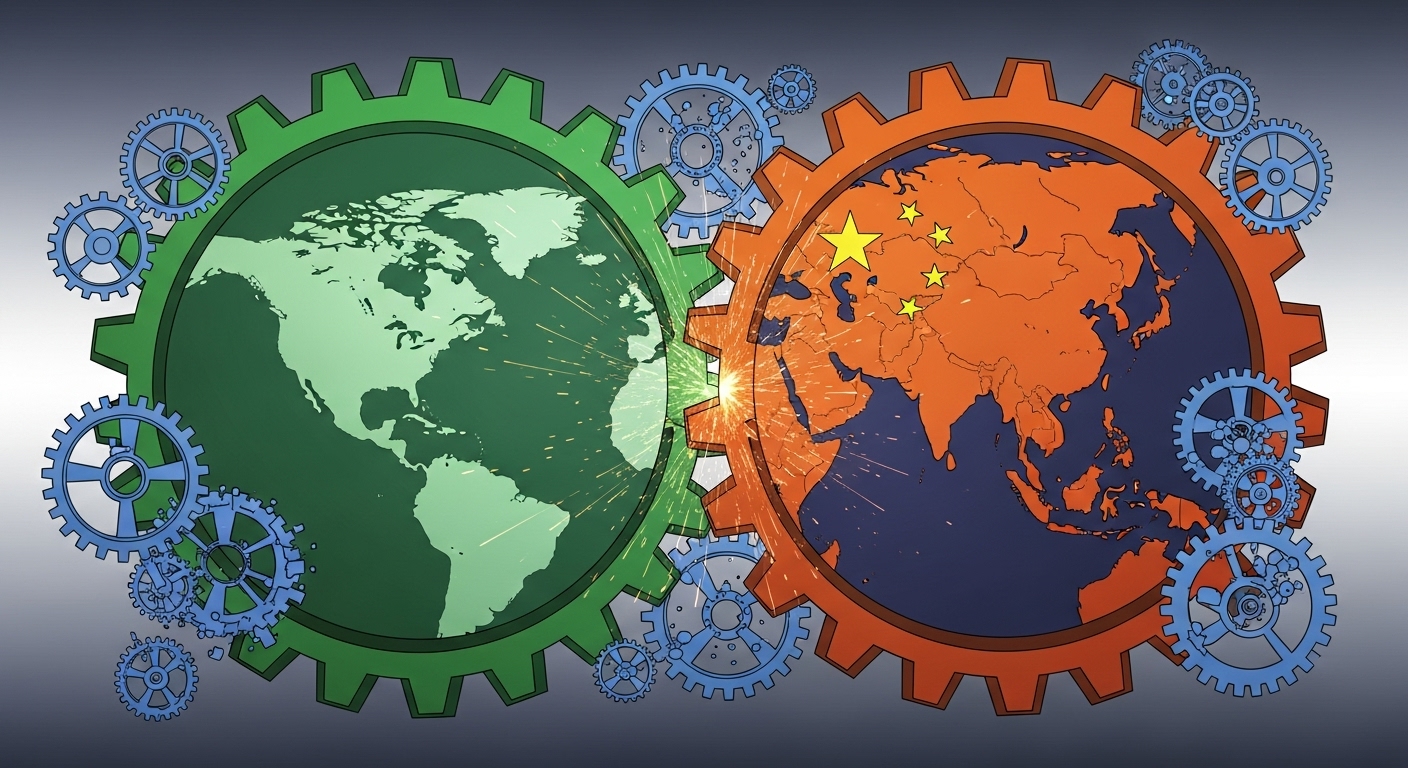 미국과 중국의 기술 패권 경쟁을 상징하는 추상적인 이미지. 두 강대국 간의 마찰이 글로벌 무역과 기술 질서에 미치는 영향을 시각화.