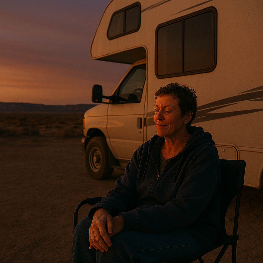 캠핑카 앞 의자에 앉아 생각에 잠긴 중년 여성 이미지