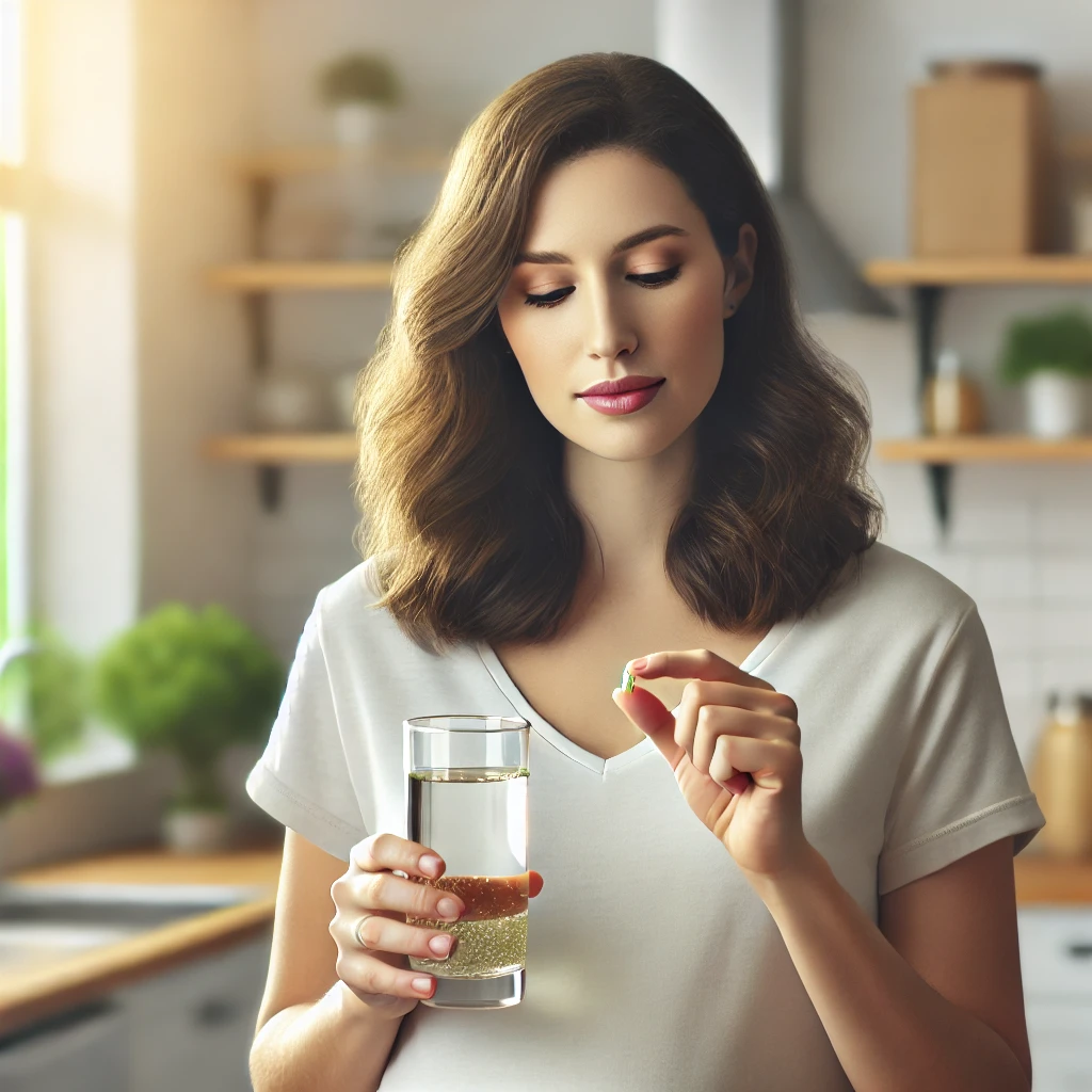 임신을 준비하는 여성이 유산균을 챙겨 먹고 있는 모습