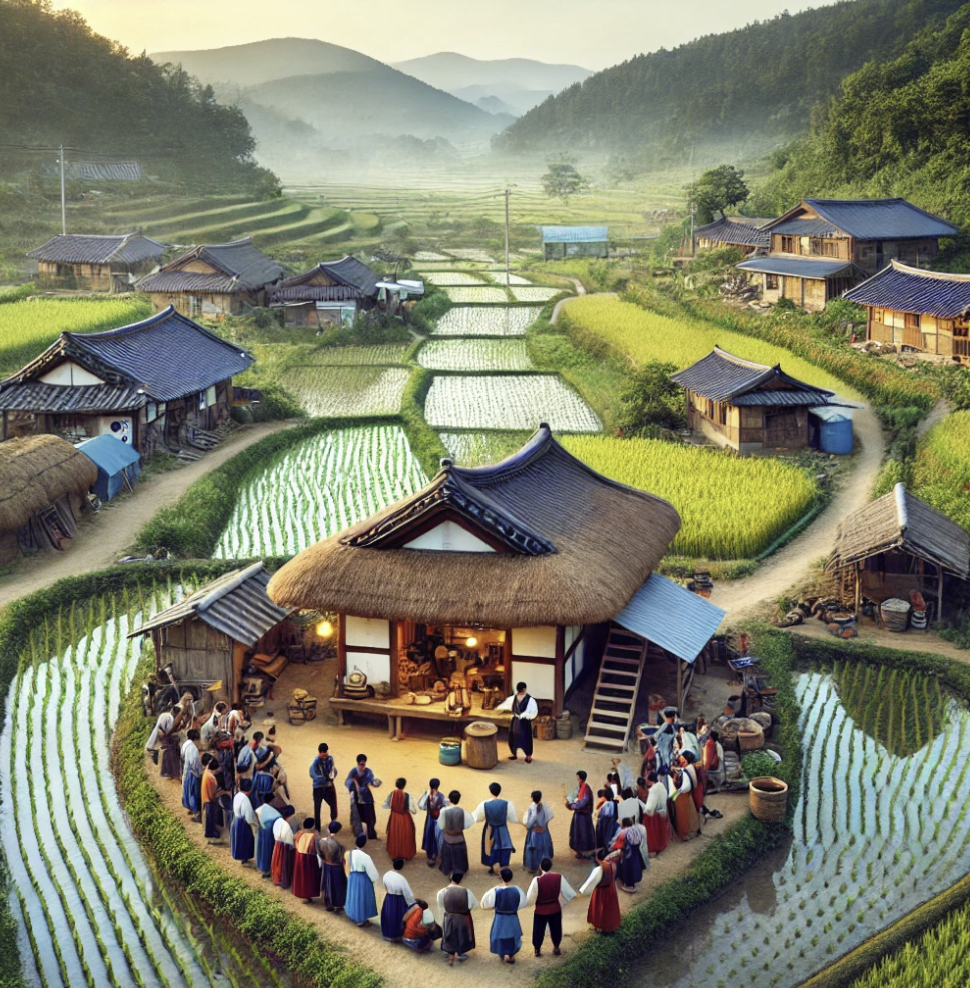 농촌 마을에서 협동조합원들이 논에서 함께 일하는 장면