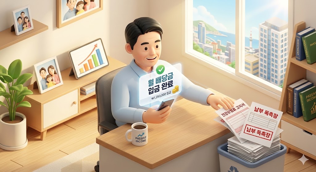 스마트폰 입금 알림을 확인하며 건보료 고지서를 막아내는 아빠의 3D 일러스트