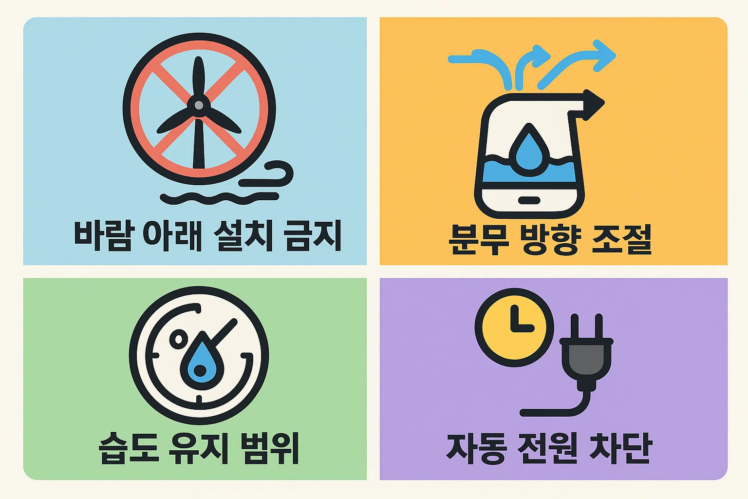 사무실에서 가습기를 안전하고 효율적으로 사용하기 위해 바람 아래 설치 금지, 분무 방향 조절, 적정 습도 유지 범위, 자동 전원 차단 기능 활용 등을 정리한 실사용 기반 운용 팁 인포그래픽