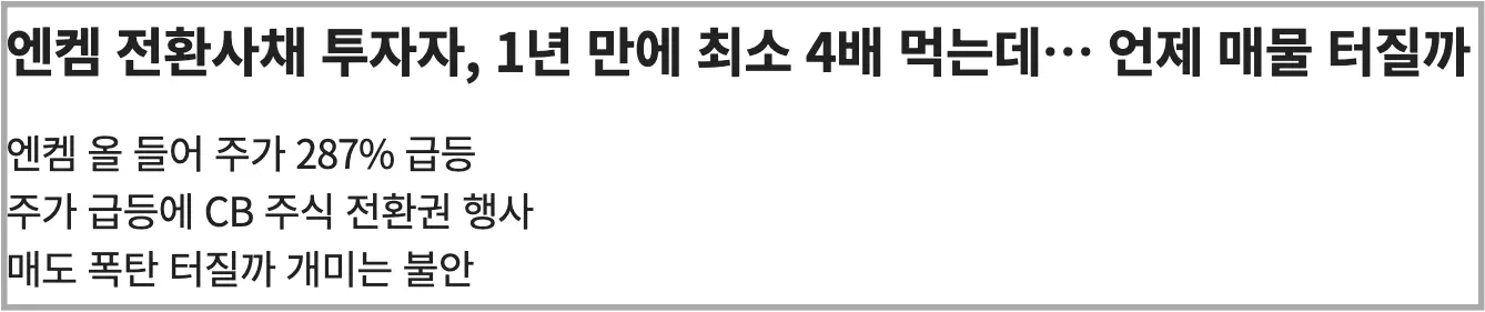 검정색 글씨 엔켐 전환사채 투자자, 1년 만에 최소 4배 먹었는데...