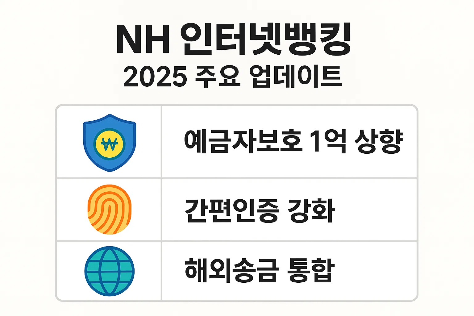 NH인터넷뱅킹의 2025년 업데이트 내용을 정리한 인포그래픽입니다. 예금자보호 상향, 간편인증 강화, 해외송금 통합 등 최신 기능 개선사항을 한눈에 볼 수 있습니다.