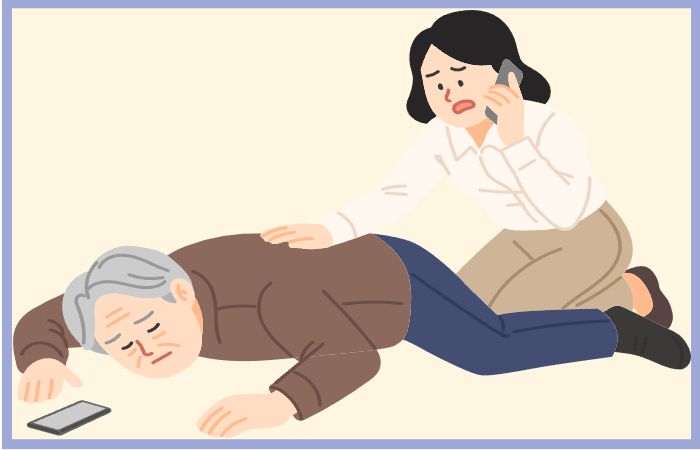 쓰러진 노인을 발견하고 급히 전화로 도움을 요청하는 여성, 열사병 응급상황 묘사