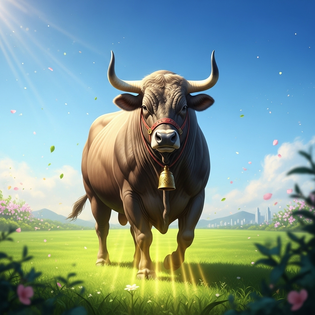힘찬 기운이 느껴지는 황소가 푸른 초원 위에서 2026년을 향해 나아가는 모습, 희망찬 미래를 상징함.