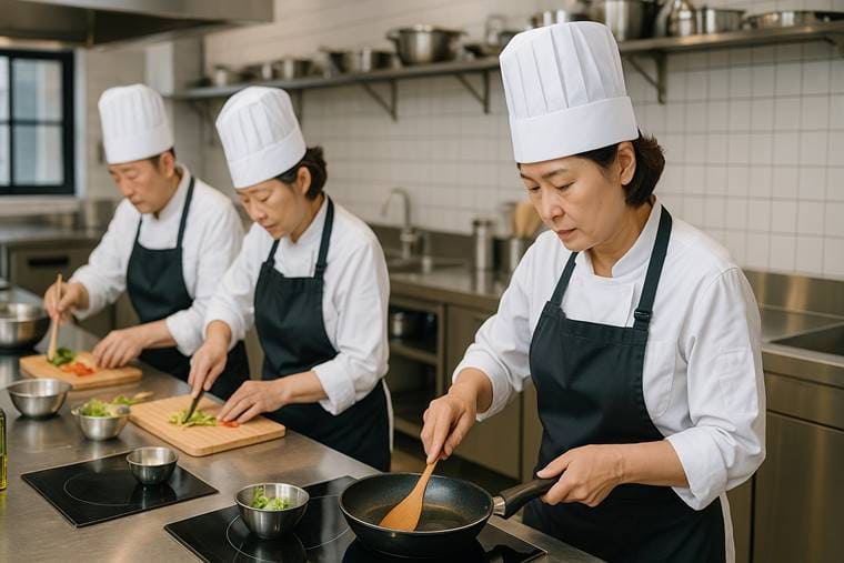 평생교육원 요리사 재교육 과정에서 조리 실습 중인 중장년 수강생들의 모습
