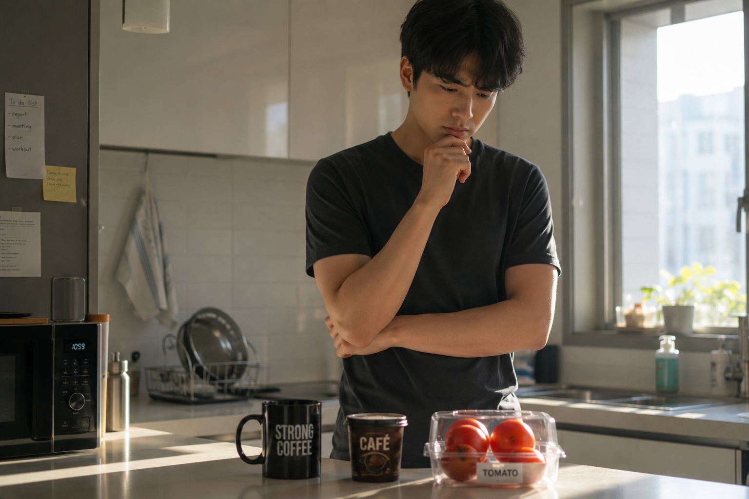 공복에 피해야 할 음식인 진한 커피와 토마토를 앞에 두고 고민하는 젊은 직장인의 아침 풍경