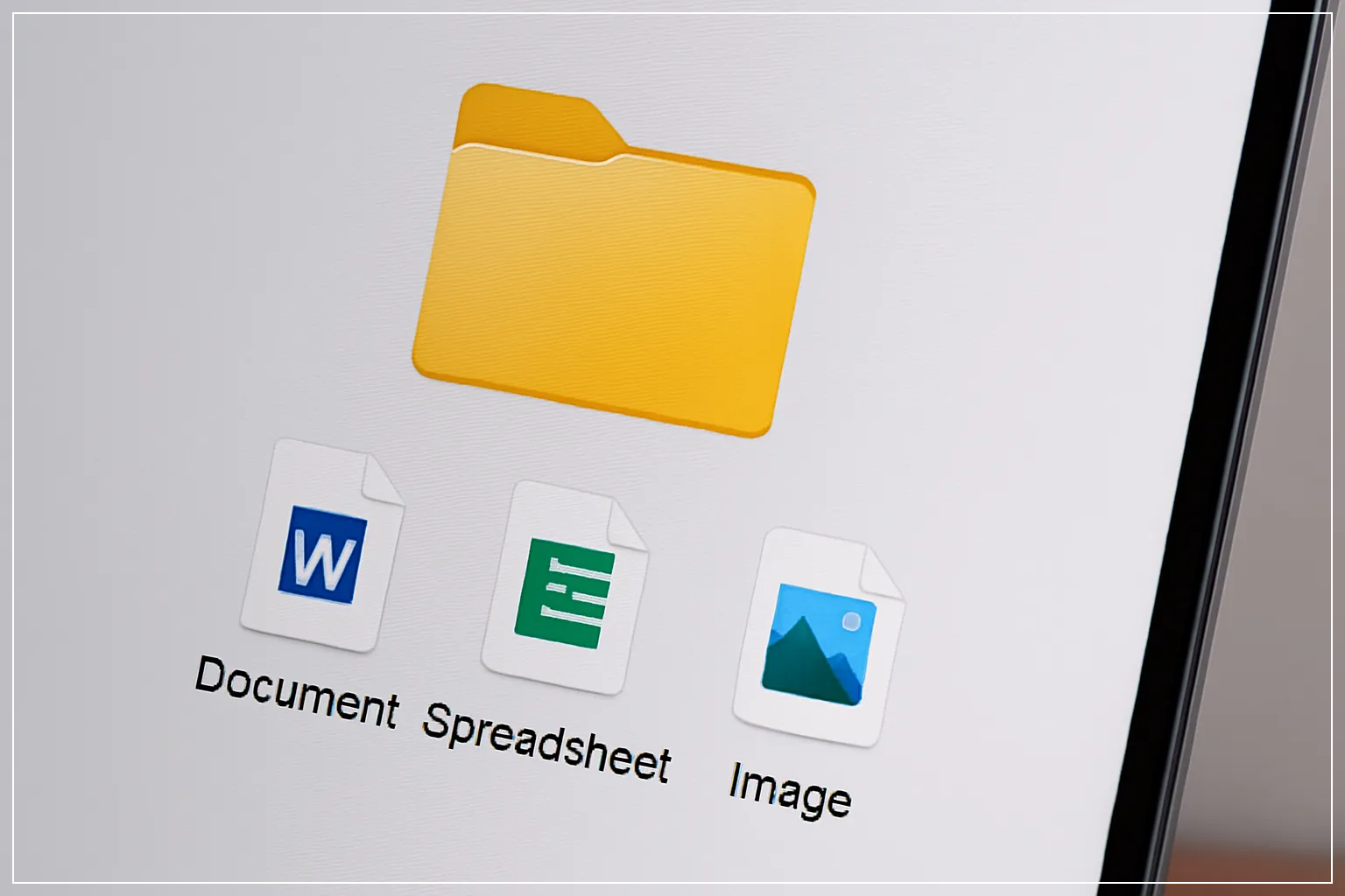 노란 폴더와 워드, 엑셀, 이미지 파일 아이콘이 함께 있는 화면