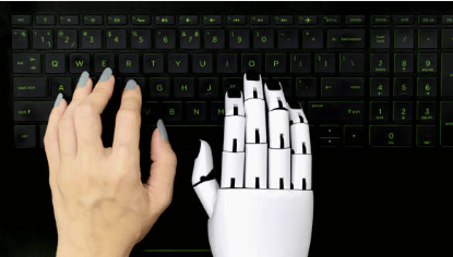 AI와 인간이 함께 글을 작성하는 상징적인 장면