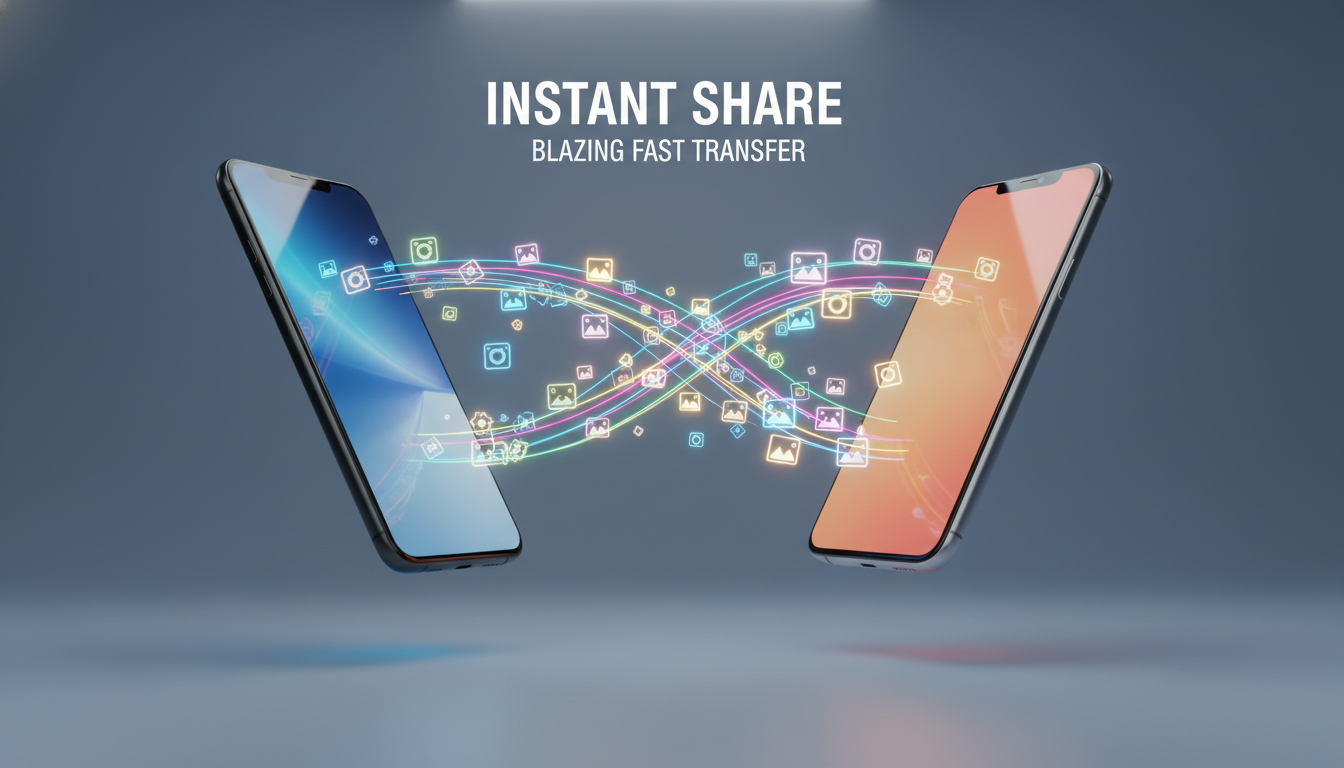 갤럭시와 아이폰 간의 빠르고 매끄러운 고화질 사진 전송을 표현한 일러스트