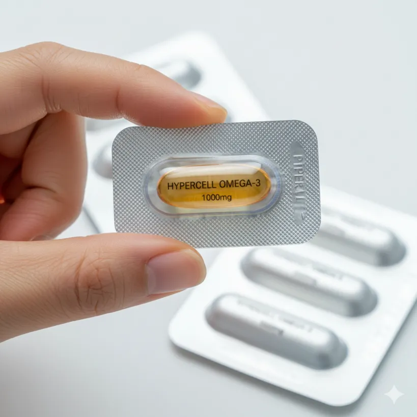 개별 포장된(PTP) 오메가3 캡슐을 손으로 들고 있는 이미지. (제품 선택 팁을 시각적으로 강조)