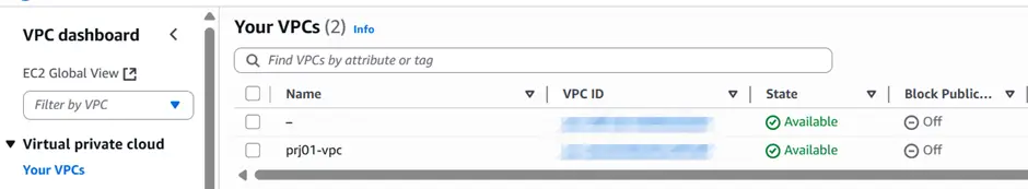 생성된 VPC 확인 화면
