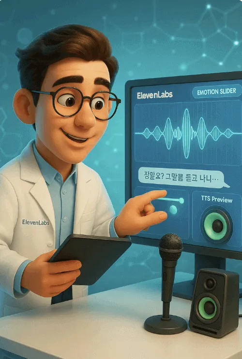 &lsquo;ElevenLabs&rsquo; 로고가 적힌 흰색 실험 가운을 입은 캐릭터가 음성 파형이 보이는 모니터 앞에서 감정 슬라이더를 조절하고 있는 장면을 담은 픽사풍 스타일의 이미지. 모니터에는 &ldquo;Emotion Slider&rdquo;&amp;#44; &ldquo;TTS Preview&rdquo; 인터페이스와 &ldquo;정말요? 그 말을 듣고 나니...&rdquo;라는 문장이 보이며&amp;#44; 이 이미지는 ElevenLabs의 감정 조절 기능&amp;#44; 음성 클로닝&amp;#44; 고품질 음성 생성 기능을 시각적으로 표현함 (ElevenLabs&amp;#44; voice synthesis lab&amp;#44; Pixar-style illustration). 