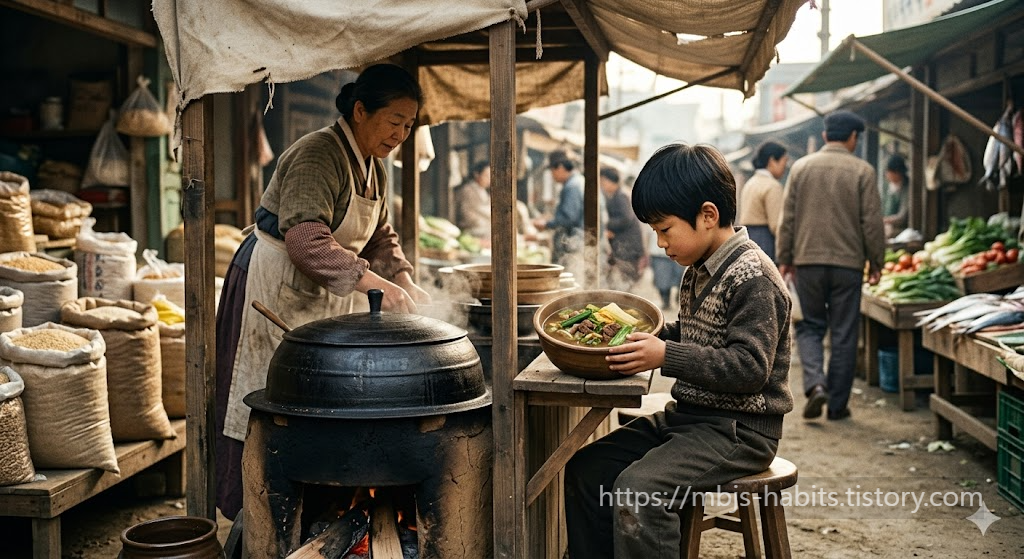 옛날 전통 시장 노점의 활기찬 배경 속에서, 앞치마를 두른 어머니가 장작불이 타오르는 아궁이 위 커다란 무쇠 가마솥에서 뜨끈한 장국을 끓여내고 있으며, 그 옆 원목 의자에 앉은 어린 소년이 따뜻한 국물이 담긴 커다란 사발을 두 손으로 소중하게 받쳐 들고 있는 정겹고 따뜻한 분위기의 고품격 유기농 건강습관 이미지