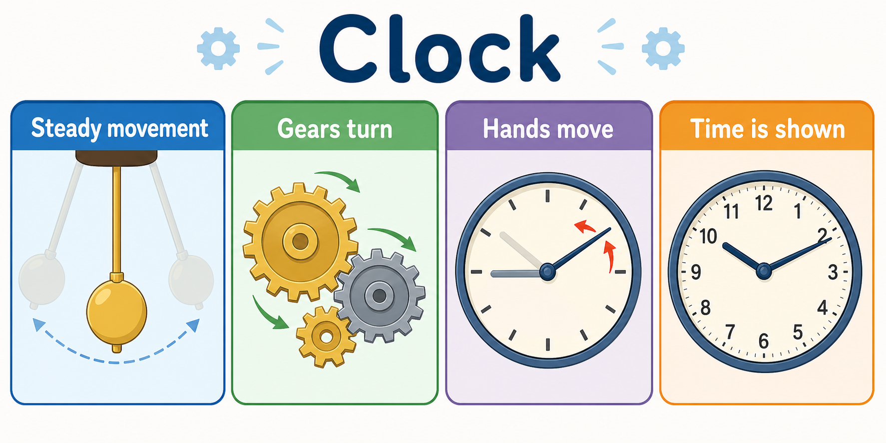 Infographic explaining regular movement, gears, clock hands, and digital time