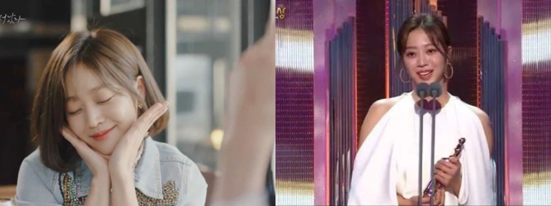 갈색 단발머리에 환화게 웃고 있는 드라마 이별이 떠났다의 조보아와 우수상을 수상한 조보아