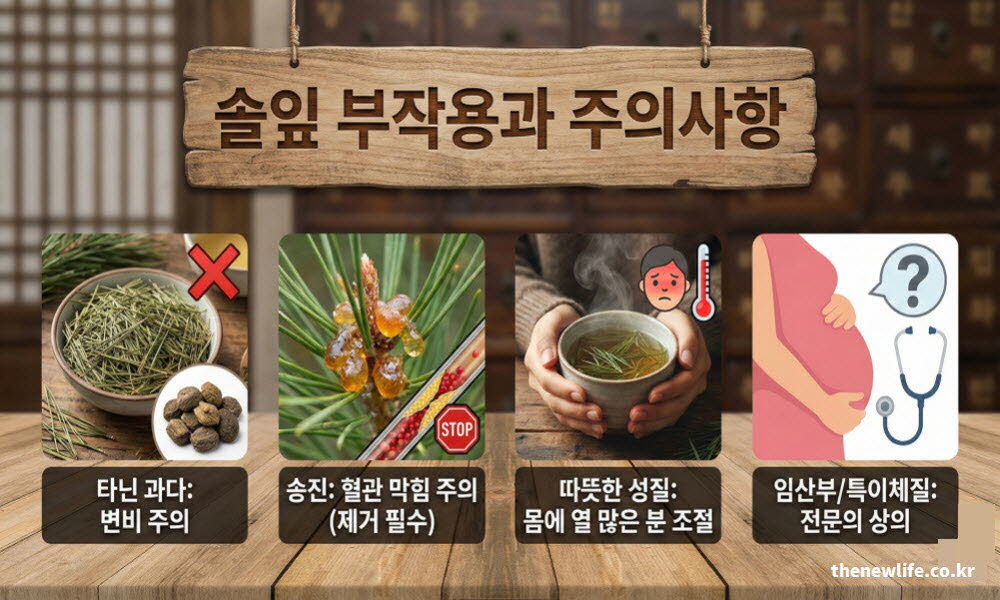 솔잎 효능이 뛰어나지만 체질에 맞지 않거나 과다 섭취 시 발생할 수 있는 부작용을 경고하는 이미지