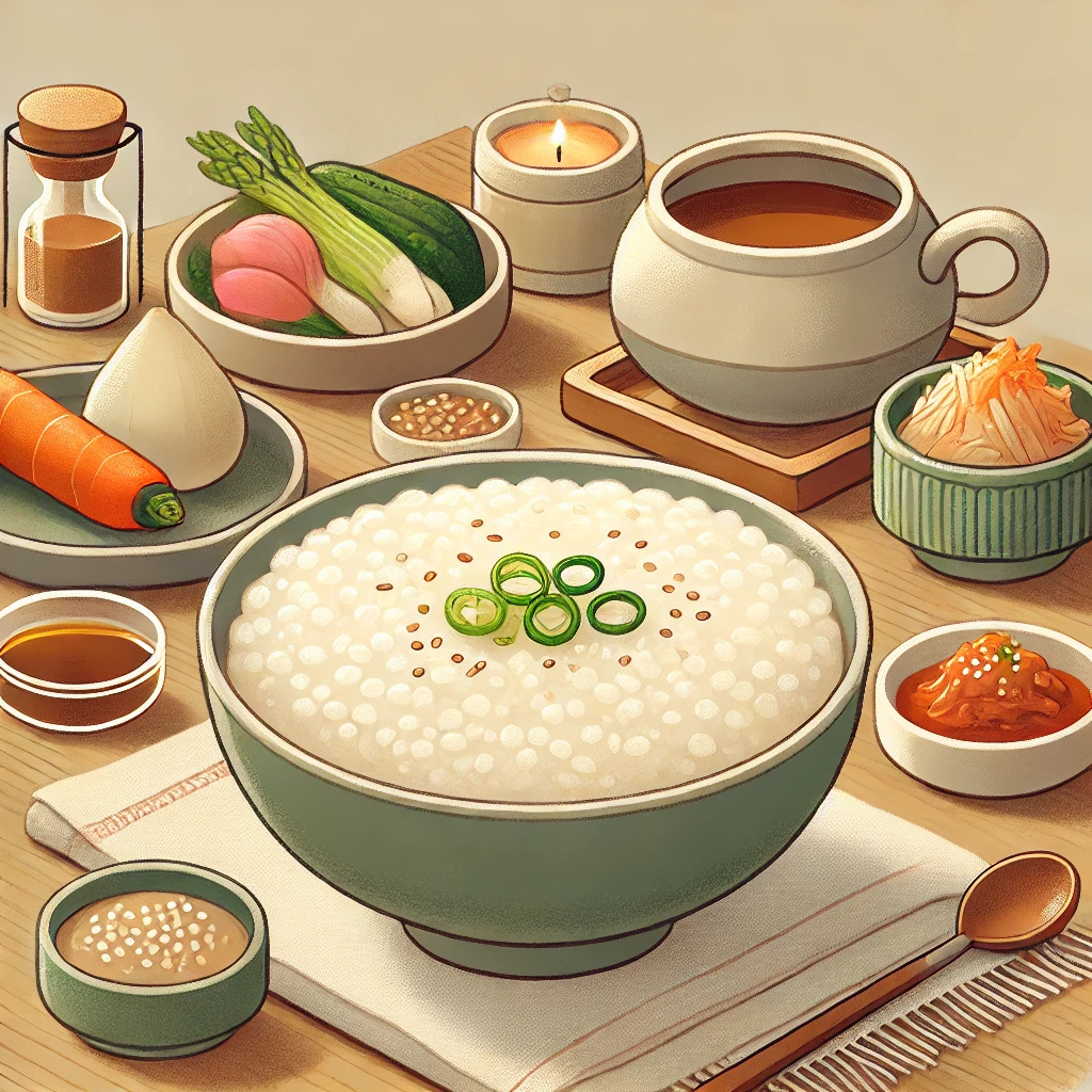 따뜻한 죽 한 그릇과 소화에 좋은 반찬들이 정갈하게 차려진 식탁 위에 놓인, 위와 몸을 편안하게 해주는 건강한 식사의 장면