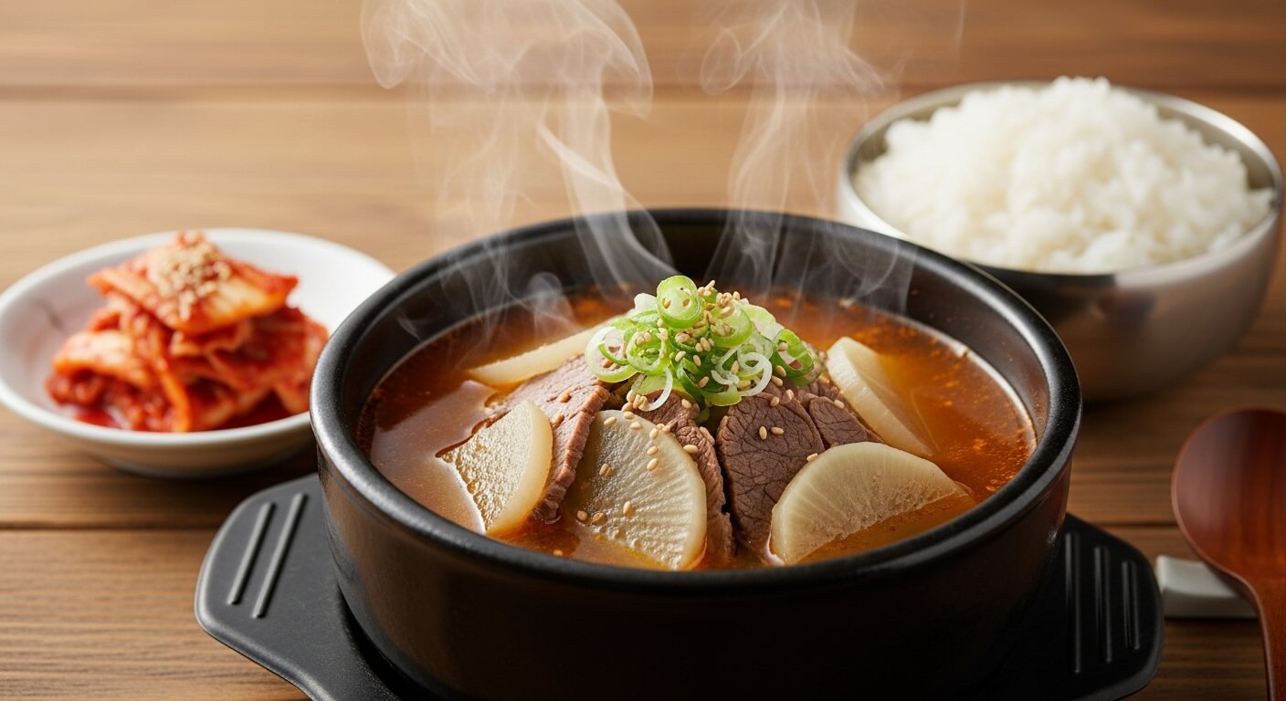 김이 모락모락 나는 따끈한 소고기 무국. 큼지막한 무와 소고기가 어우러져 든든해 보이는 겨울 국.