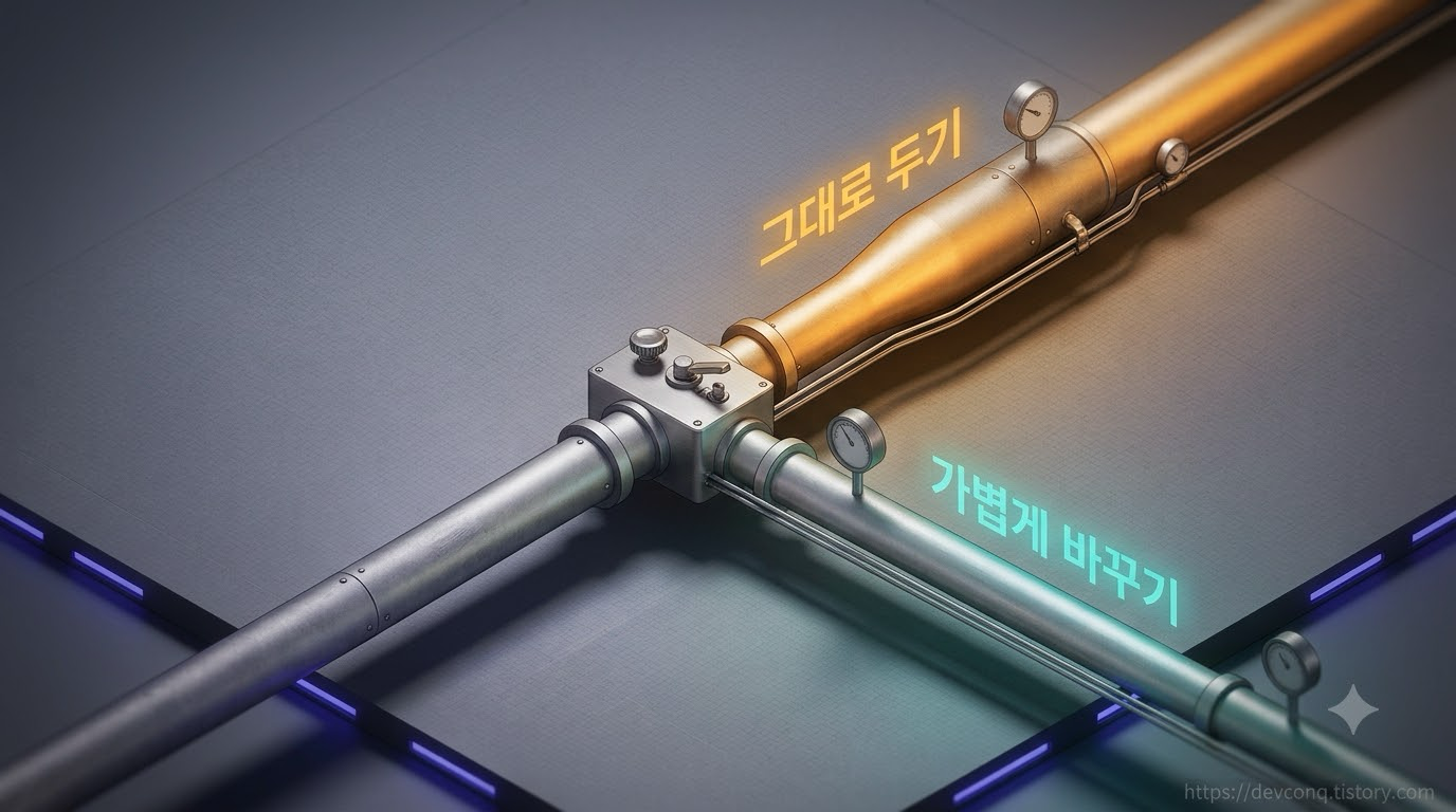 두 갈래로 갈라진 파이프에서 한쪽 밸브만 굵어지는 아이소메트릭 일러스트
