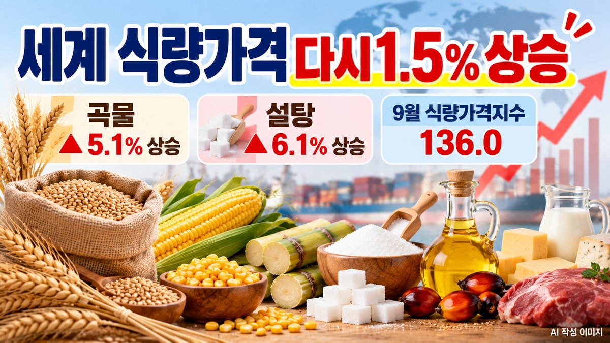 세계 식량가격 1.5% 상승과 곡물·설탕 가격 상승률을 보여주는 식량가격지수 안내 이미지
