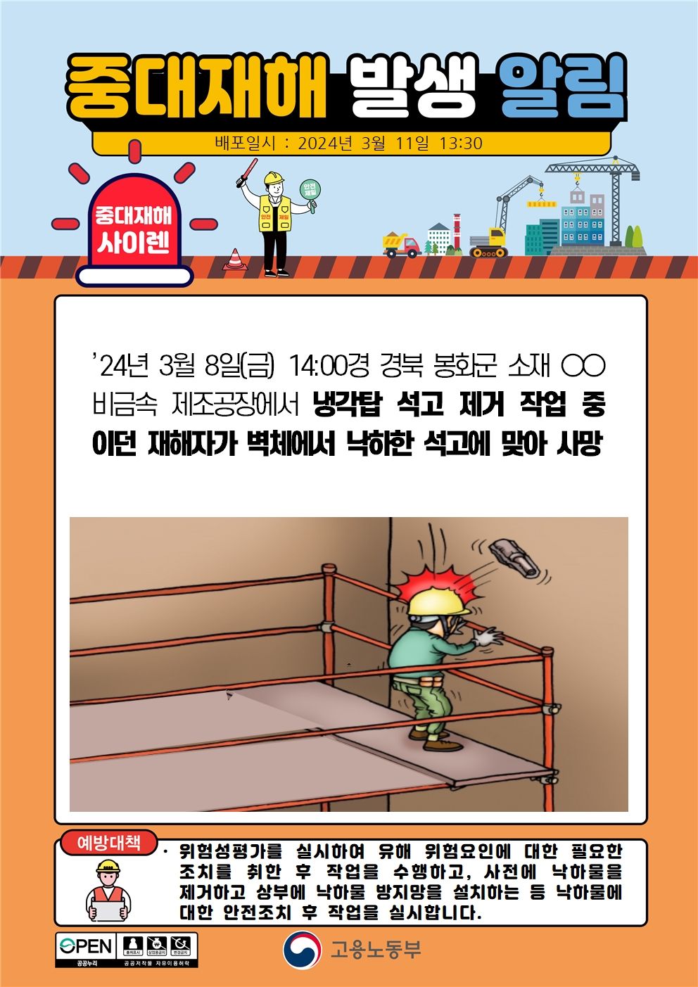 냉각탑 석고 제거 작업 중 낙하한 석고에 맞음