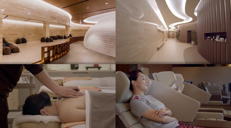 상단좌/우측은 찜질스파 내부 인테리어 사진으로 천장에 물이 흘러가듯 흰색조명으로 디자인한 사진이며 하단좌/우측은 한여성이 엎드려 누운상태에서 등 맛사지를 받는 모습과 안마 의자에 편안히 누워서 눈을 감고 웃고있는 모습
