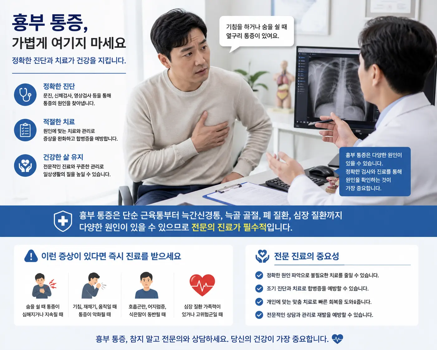 흉부 갈비뼈 통증으로 병원 진료를 받는 모습