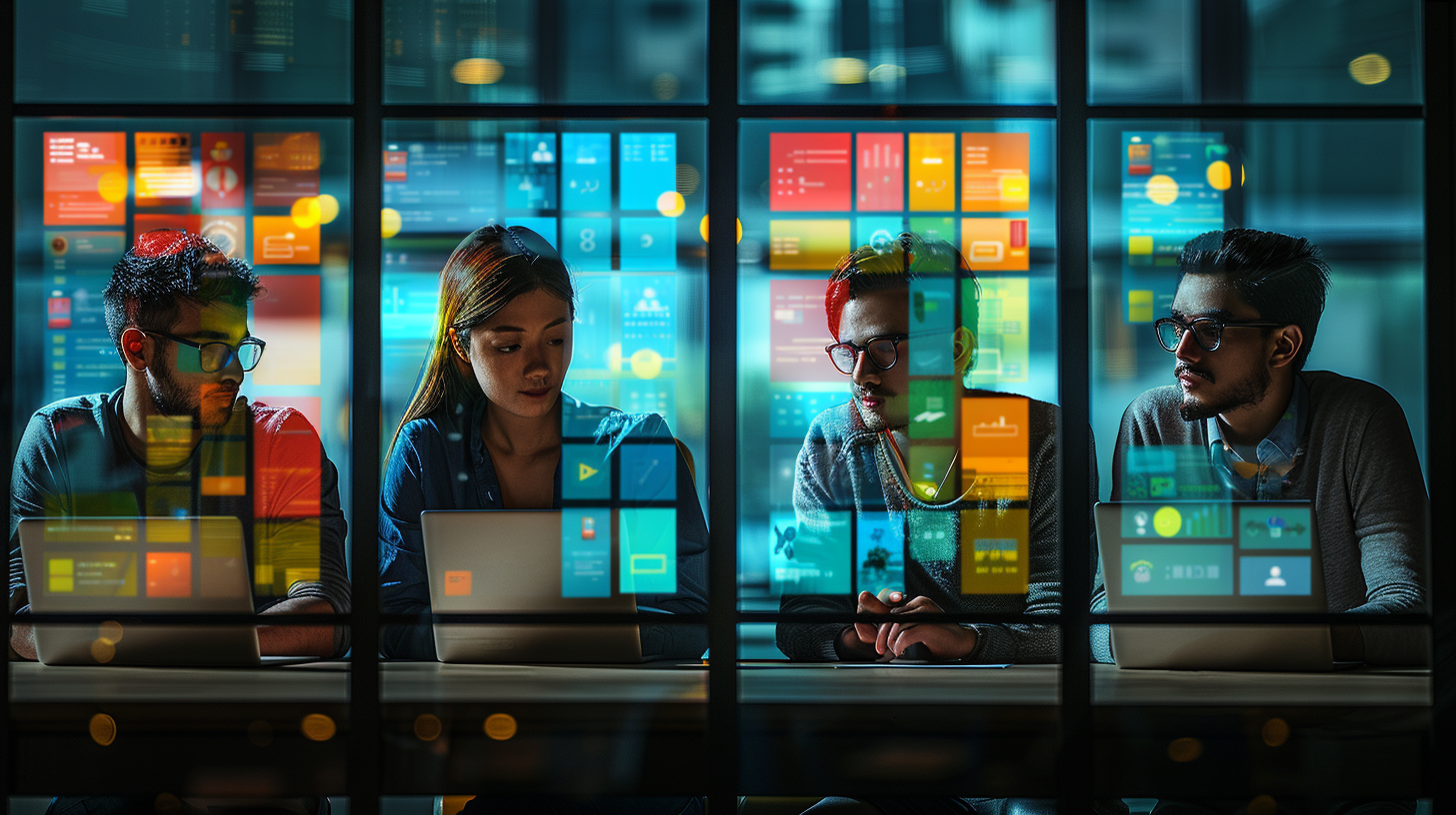 다양한 직업의 사람들이 각자의 환경에서 ChatGPT를 활용하는 모습을 보여주는 분할 화면 이미지