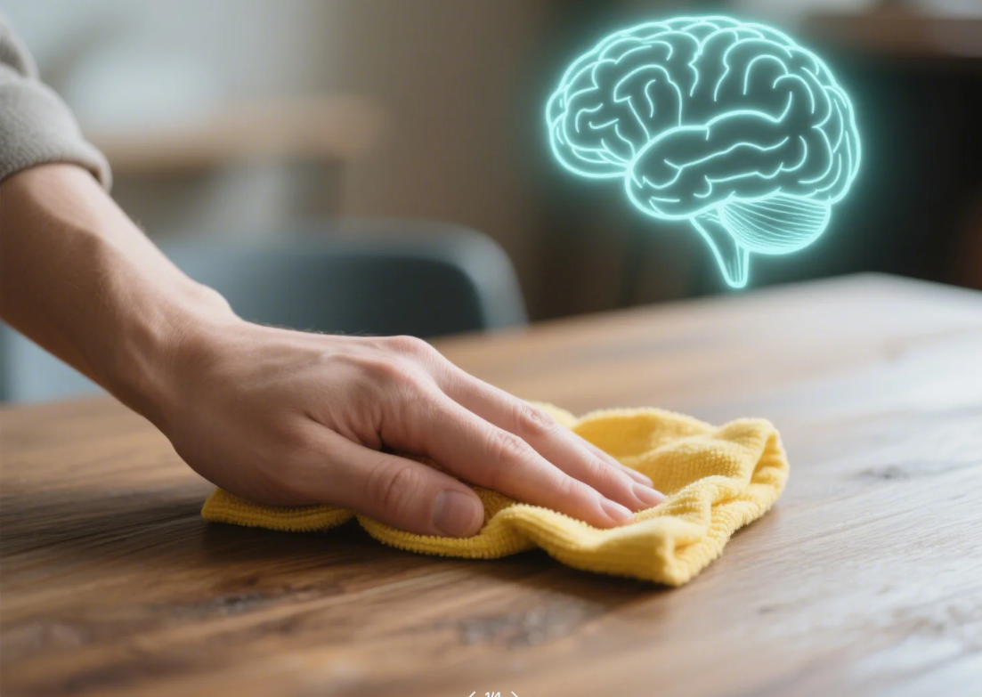 강박적으로 청소하는 손과 머리를 싸쥔 남성, 뇌 스트레스 표현