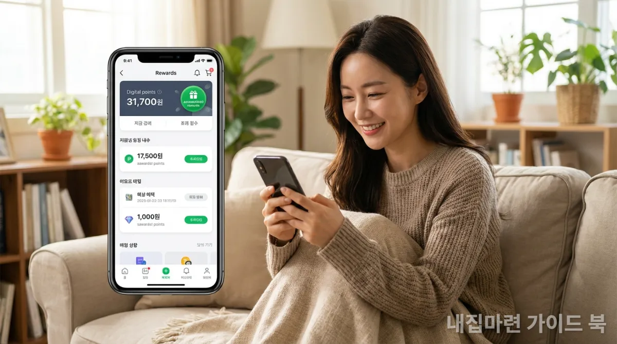 거실 소파에 앉아 앱테크 앱으로 포인트를 확인하며 미소 짓는 젊은 한국 여성