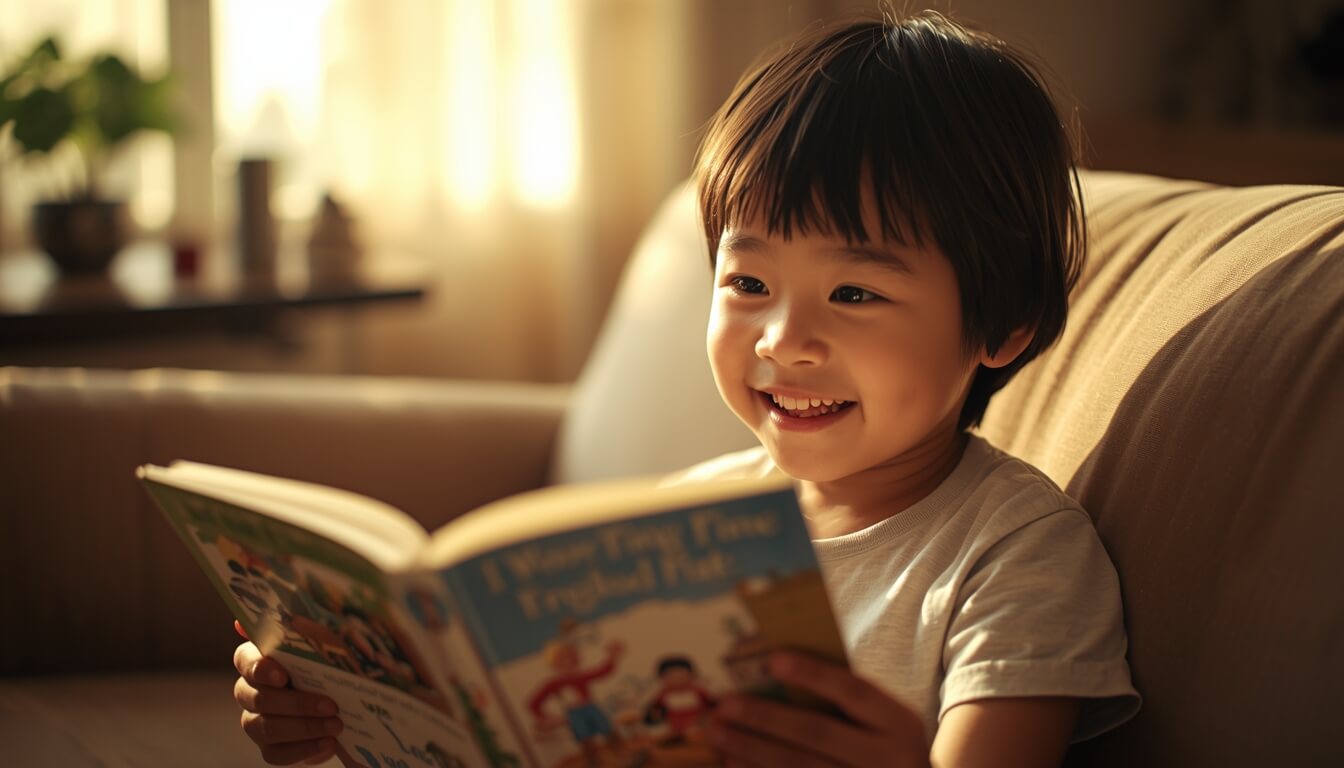 집에서 즐겁게 영어 그림책을 보며 말하기 연습을 하는 초등학교 2학년 아이