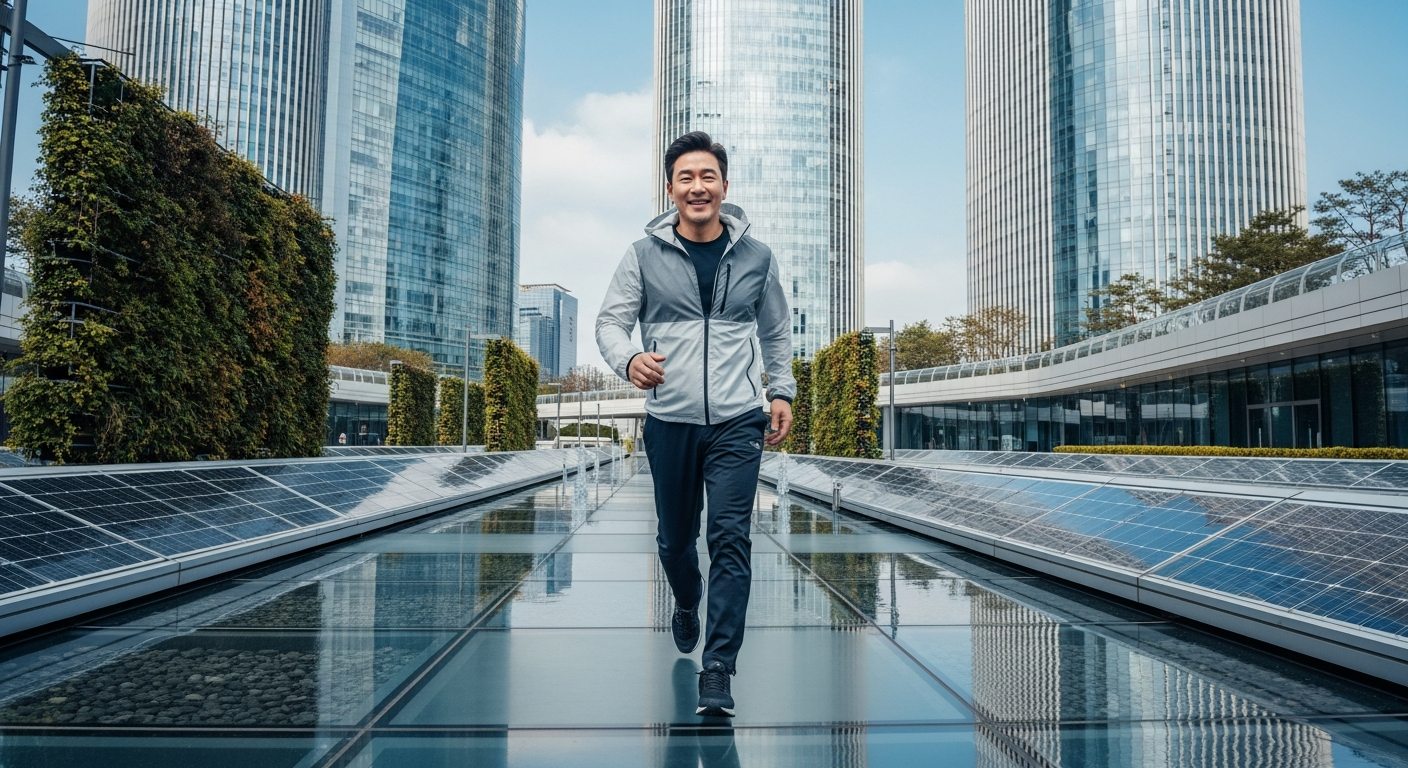 코어 근육 강화와 체력 증진을 위해 야외에서 걷기 운동을 하는 시니어