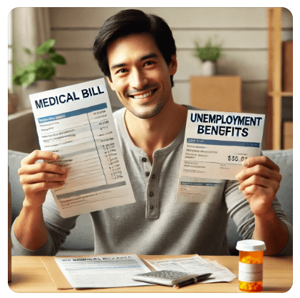 집에서 의료비와 실업급여 서류를 들고 건강과 재정 문제를 고민하는 사람의 모습