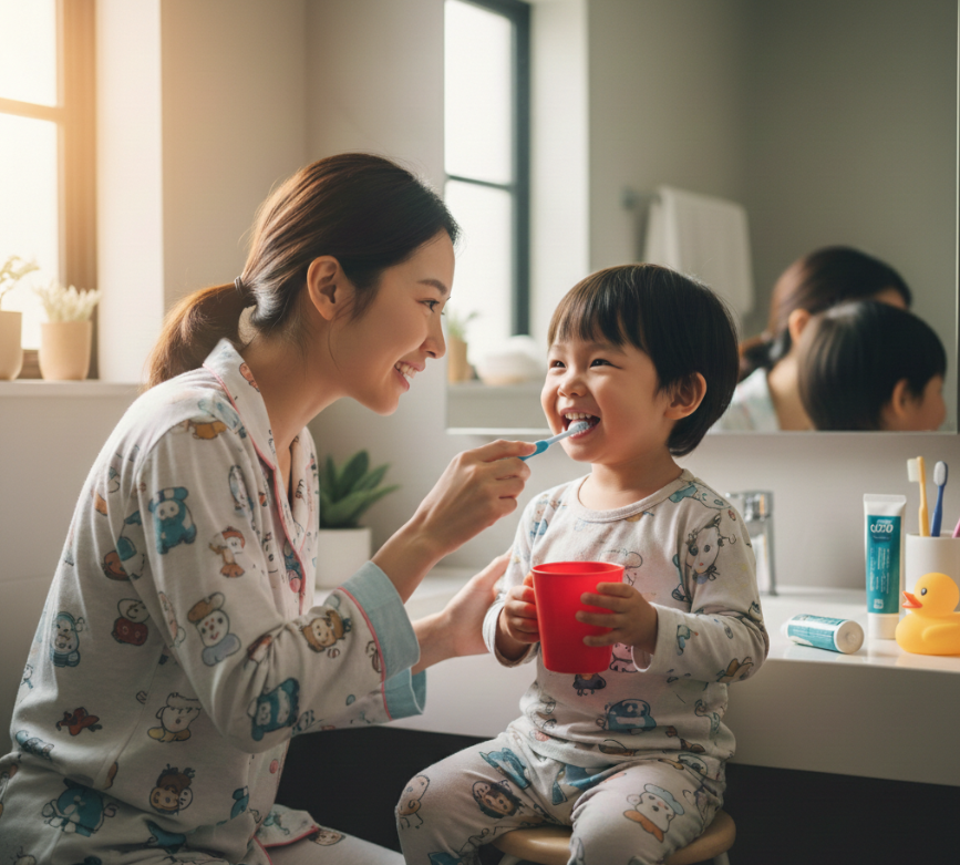엄마가 아이에게 양치해주는 모습
