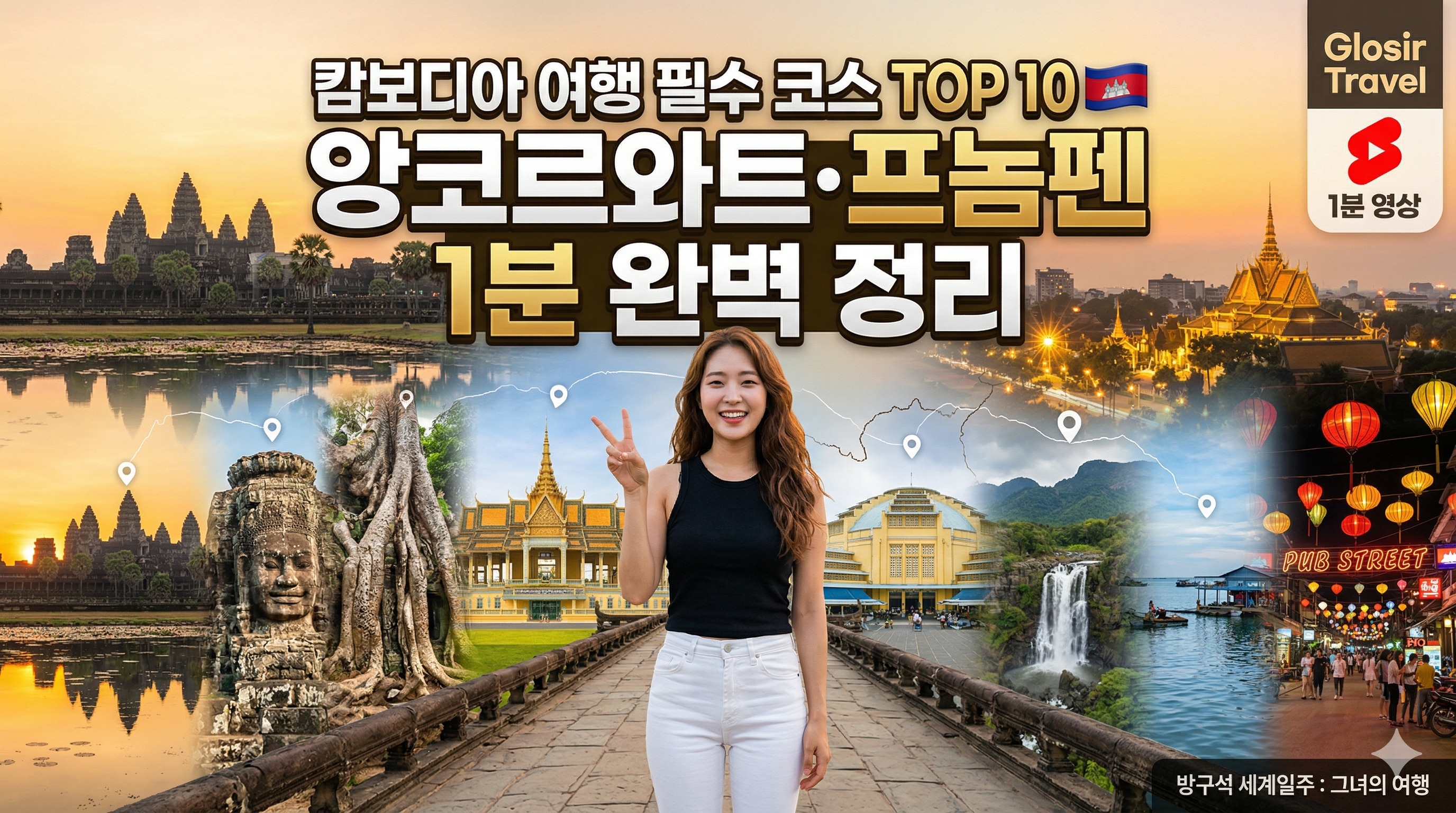 캄보디아의 10개 핵심 여행지가 역동적으로 합성된 파노라마 메인 커버 이미지. 중앙에는 키 165cm의 예쁜 한국 여성 여행자가 서 있다. 그녀는 검은색 나시에 화이트 청바지를 입고 카메라를 향해 환하게 웃으며 양손으로 V자 포즈를 취하고 있다. 그녀 뒤로 앙코르와트 일출, 바이온 사원, 따 프롬, 톤레삽 호수, 왕궁, 학살 박물관, 센트럴 마켓, 보꼬 국립공원, 켑 게 마켓, 씨엠립 야시장 풍경이 통합된 배경이 펼쳐진다. 상단에는 '캄보디아 여행 필수 코스 TOP 10 🇰🇭 앙코르와트·프놈펜 1분 완벽 정리'라는 텍스트가 시인성 좋게 배치되어 있다. 우측 상단에는 'Glosir Travel' 로고와 '1분 영상' 아이콘이 있다.