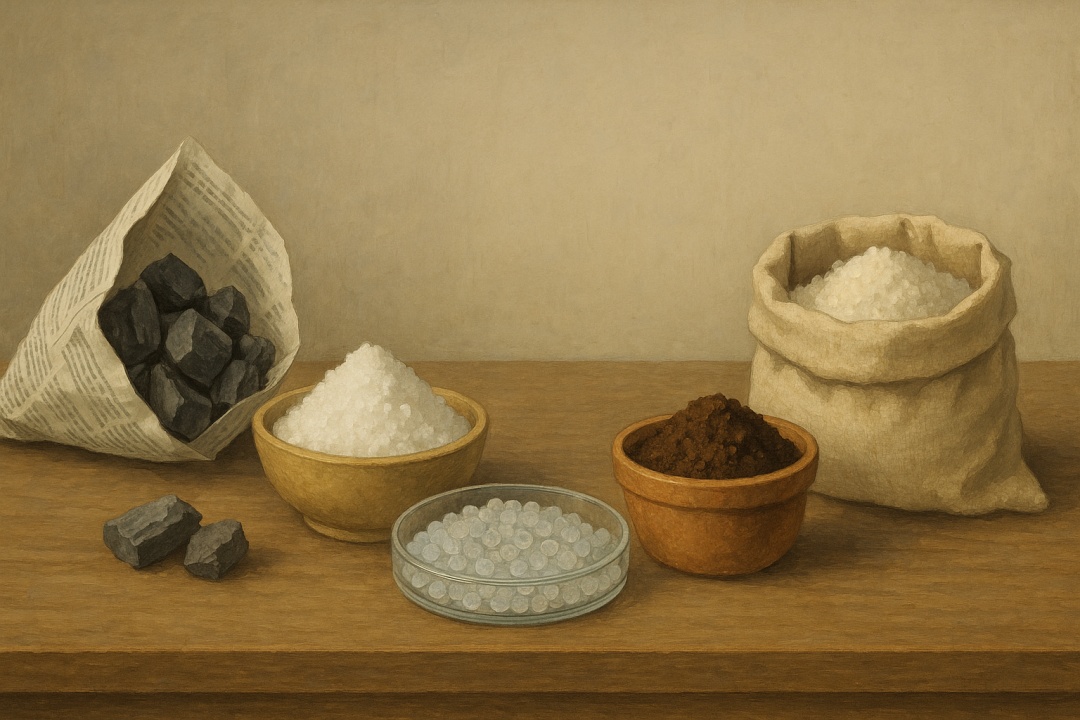 천연 제습제로 활용되는 굵은 소금, 숯, 신문지에 싸인 숯 조각, 커피 찌꺼기, 실리카겔 등이 다양한 용기에 담겨 나무 테이블 위에 정갈하게 놓인 모습, 부드러운 자연광 아래에서 각각의 질감이 잘 드러나는 정물화 스타일의 장면