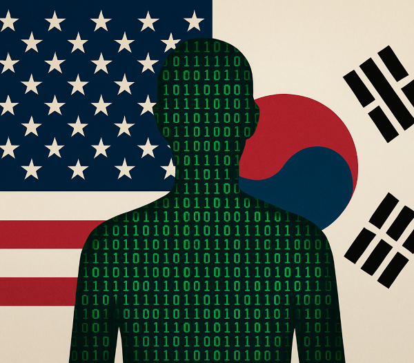 디지털 코드(0과 1)로 구성된 인간 실루엣이 배경에 흐르는 데이터 스트림과 함께 표현된 일러스트. 미국과 한국을 상징하는 색감이 흐릿하게 배치되어 있으며, 정보가 인간 존재와 연결되어 있음을 상징한다.