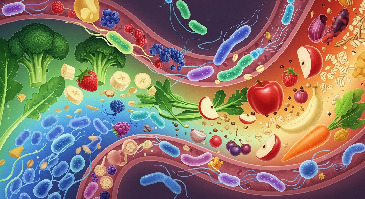 다양한 유익균이 균형을 이루는 장내 환경과 프리바이오틱스 식품들을 보여주는 예술적인 일러스트레이션.