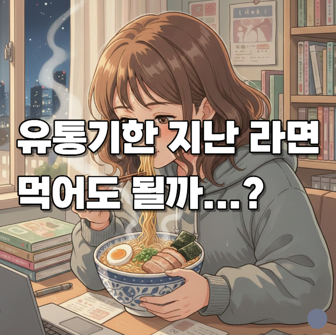밤 늦게 방 안에서 라면을 먹고 있는 모습이 배경으로 있고 가운데에 "유통기한 지난 라면 먹어도 될까...?"라는 문구가 적힌 썸네일 이미지