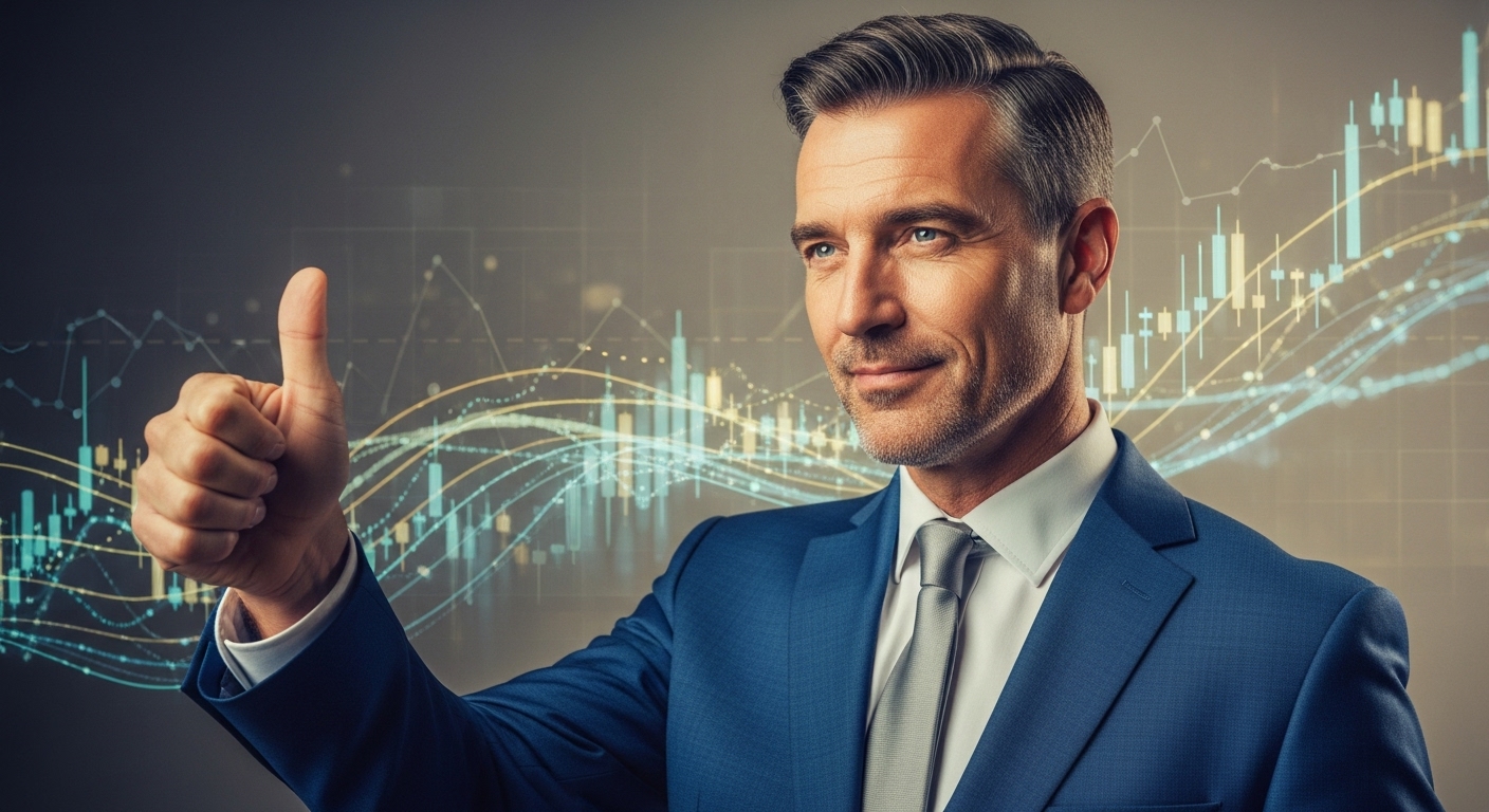 투자의 고수로 보여지는 중년의 남자가 웃으며 엄지를 치켜세우는 모습