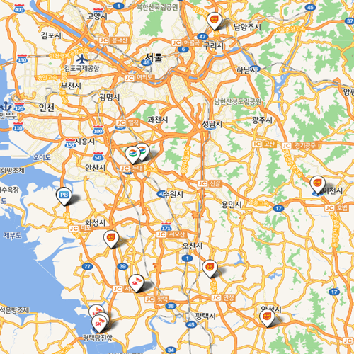 경기 지역의 요소수 거점 주유소의 위치를 지도에 나타낸 화면을 캡쳐한 그림