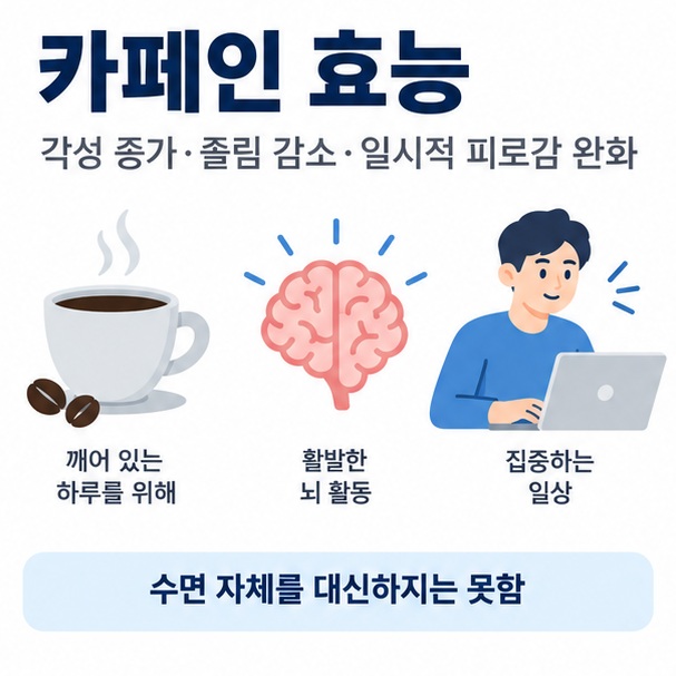 카페인 효능이라는 제목과 커피잔, 깨어 있는 뇌, 집중하는 사람을 함께 표현한 대표 건강정보 이미지