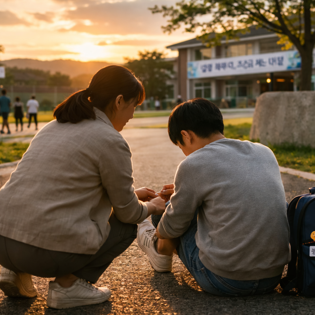 지호가 신발 끈을 묶고 있는 모습