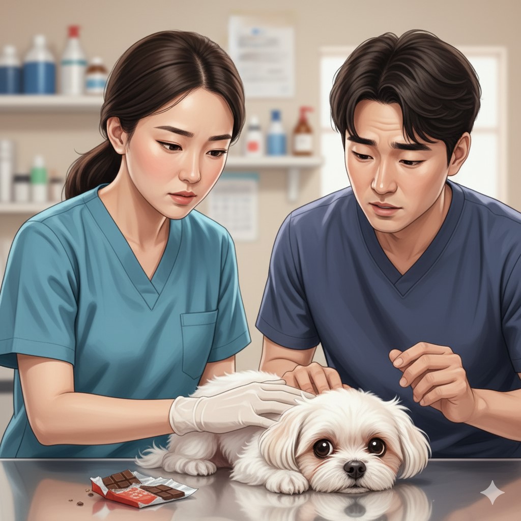 수의사와 보호자가 함께 말티즈 강아지를 돌보며 응급 대처를 상의하는 모습
