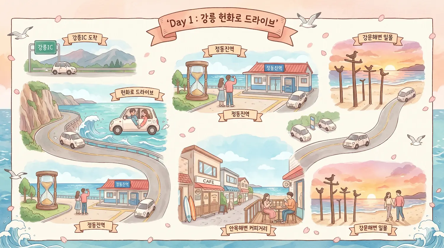 강릉 1박2일 헌화로 드라이브 커플 데이트 Day 1 동선 강릉IC 금진해변 헌화로 정동진역 안목해변 강문해변 한눈에 보기