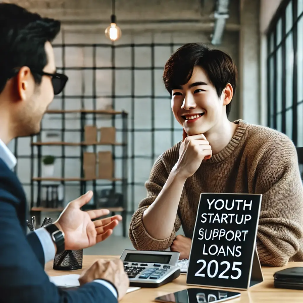 청년 창업 지원대출 상담을 받는 한국인 청년, 2025년 정부 창업자금 지원 컨셉